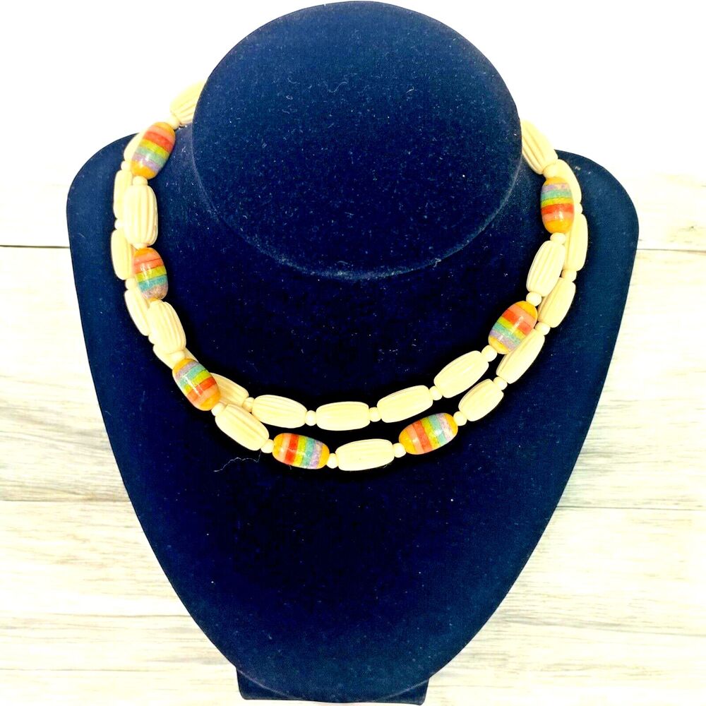 Mid century MCM Pastel Easter Egg Striped Rainbow Resin Celluloid Bead Necklace